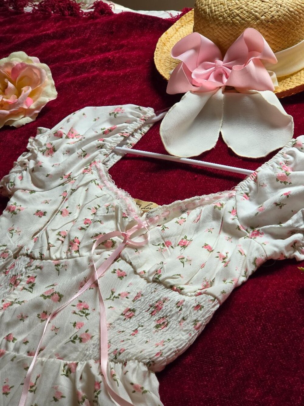 ADORABLE FLORAL BABYDOLL WITH PINK SATIN RIBBONS AND PEPLUM OVERLAY SMALL-MEDIUM